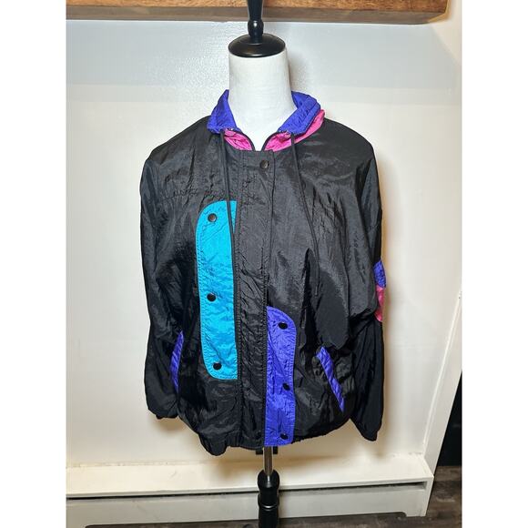 Rare VTG BOCOO Color Block Full Zip Windbreaker Jacket 80s 90s Black Women’s M - Picture 2 of 9